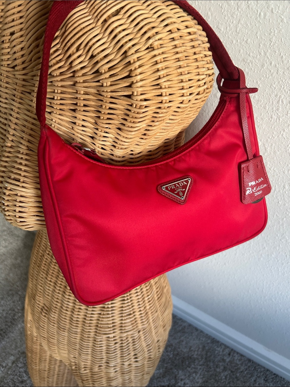 Prada Red Nylon Shoulder Bag with Logo Tag